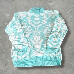VTG Cheryls Turquoise White Abstract Mock Neck Knit Sweater Women Grandmacore